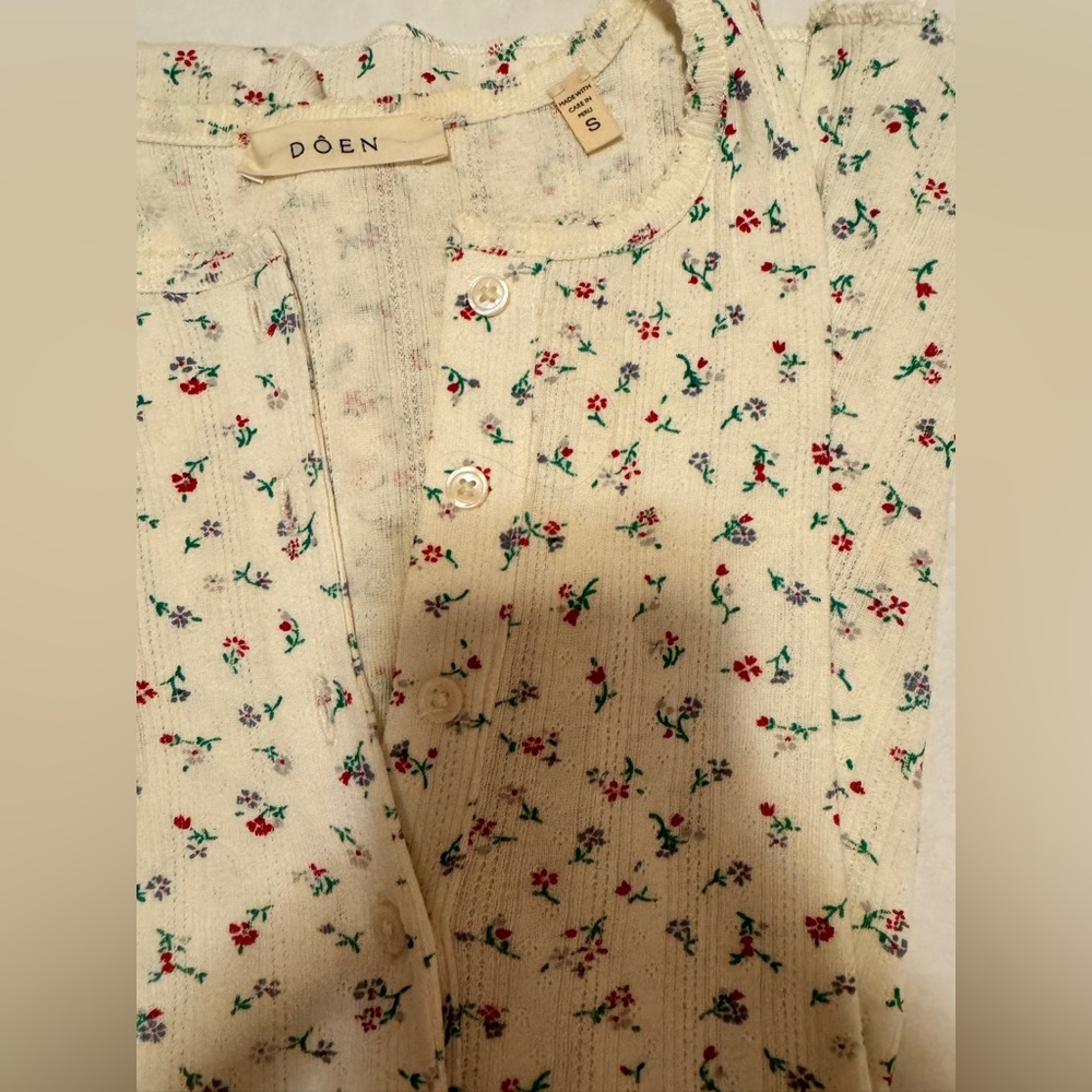 Doen Paula T, 100% Cotton, Monte-Parc Floral/Cream Henley-Long Sleeve Top, S - Picture 8 of 13